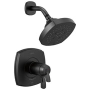 Black matte shower valve with square trim plate, lever handle, and matching rainfall showerhead with wall mount arm.