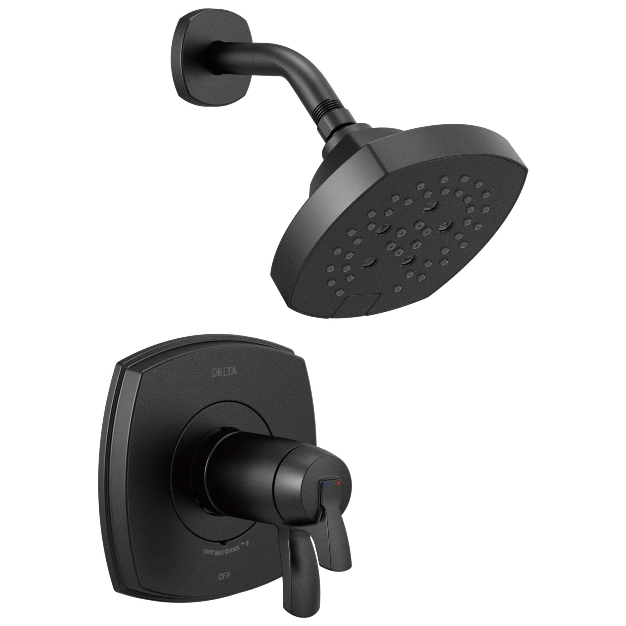 Black matte shower valve with square trim plate, lever handle, and matching rainfall showerhead with wall mount arm.
