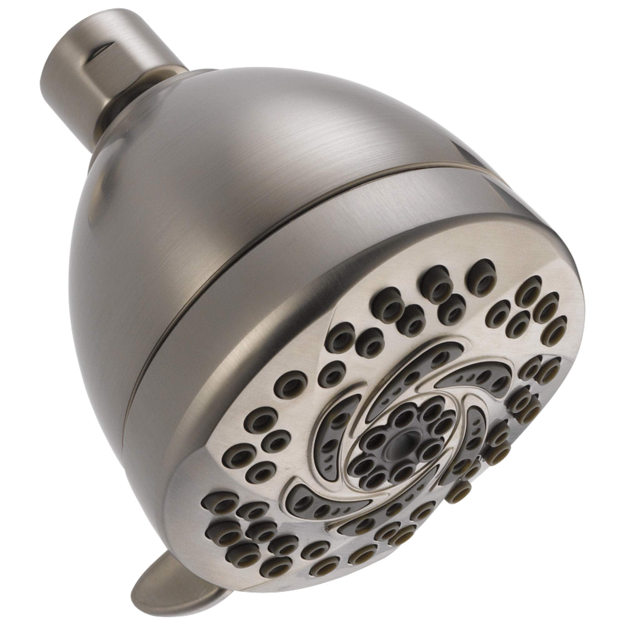 Brushed nickel spherical shower head with multiple spray holes and adjustable ball joint connector.