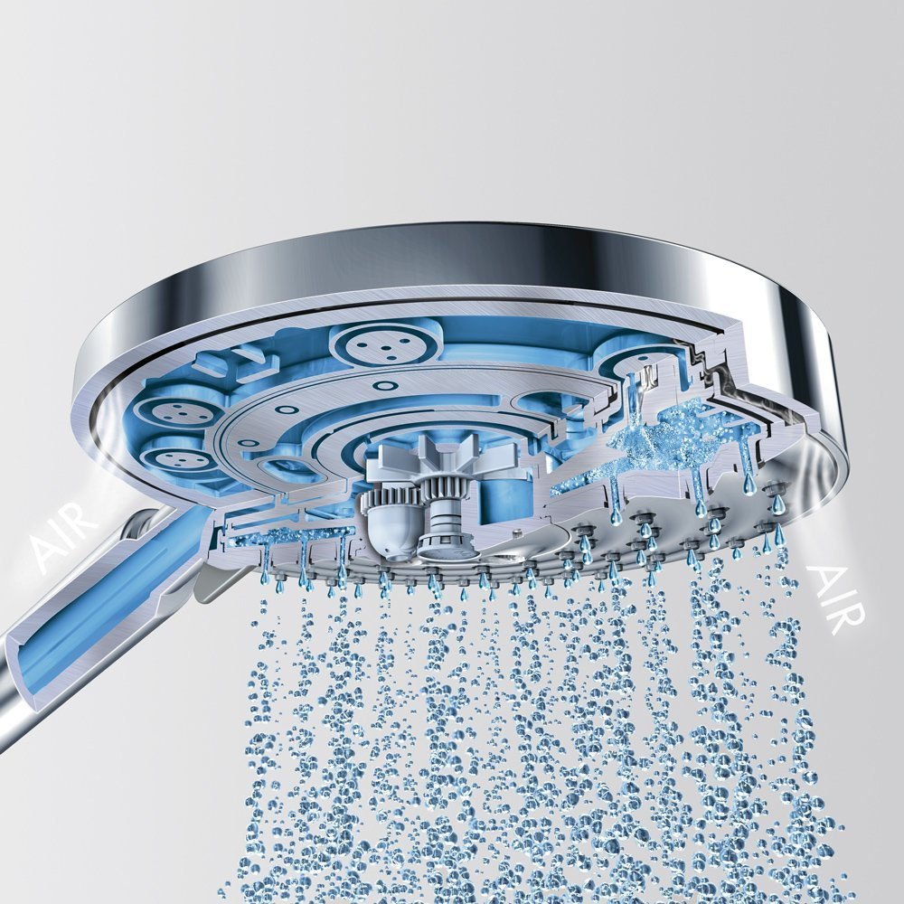 Brushed nickel handheld showerhead with round face and visible internal jet mechanisms, dispensing water spray downward with 