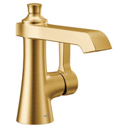 Brushed gold single-handle bathroom faucet with curved spout and cylindrical base.
