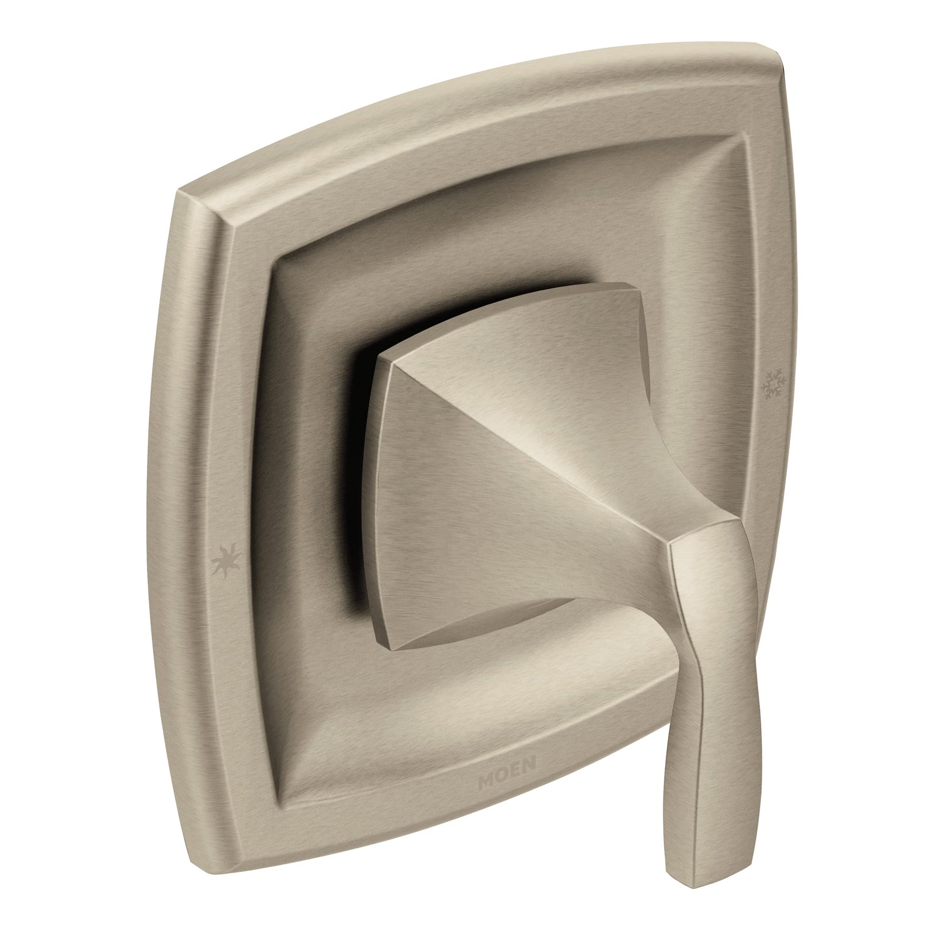 Brushed nickel single-handle shower valve trim with square escutcheon plate and lever handle.