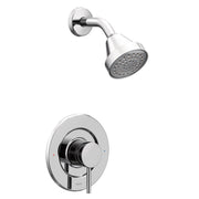 Chrome shower trim kit with round showerhead and single-lever valve control with pressure-balancing cartridge.