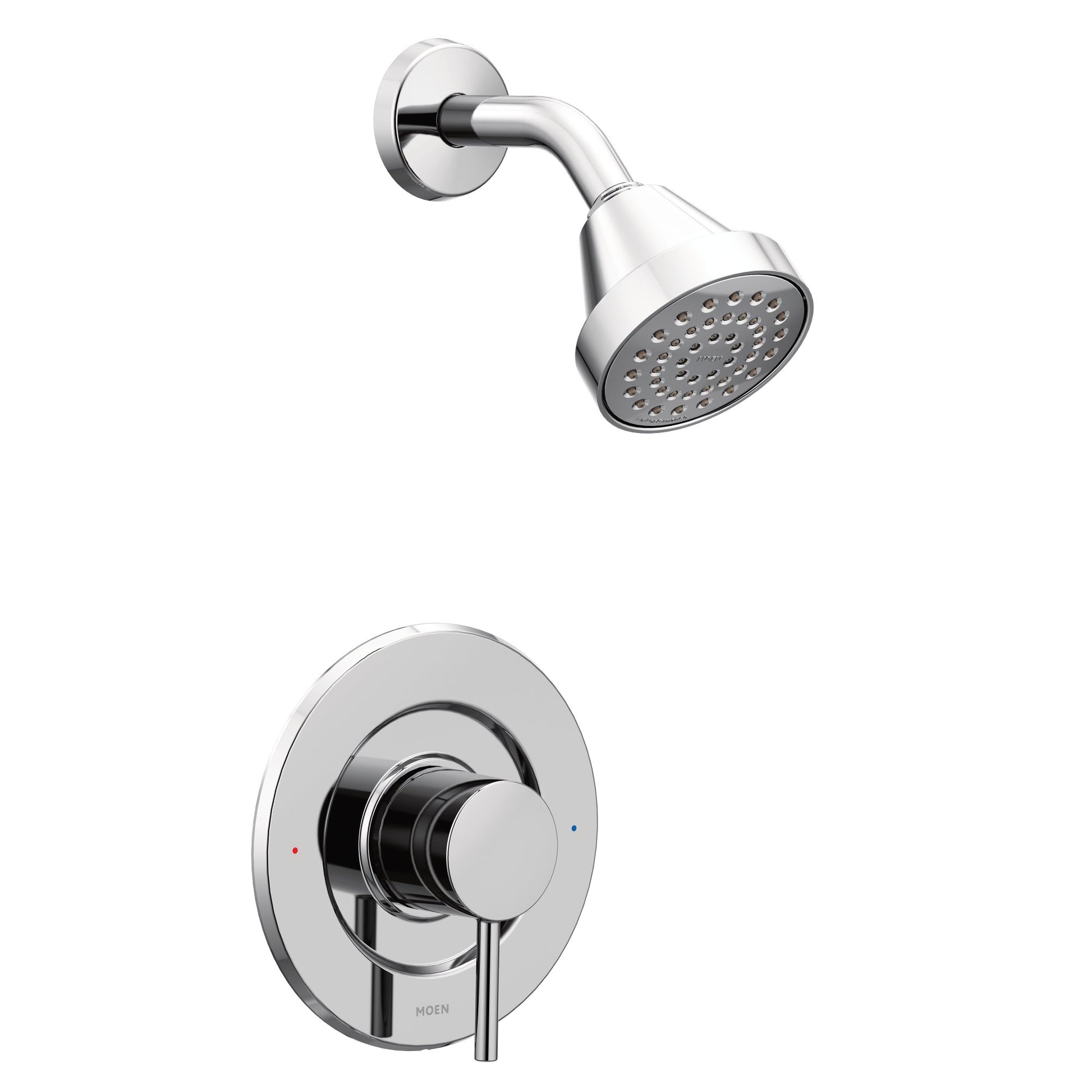 Chrome shower trim kit with round showerhead and single-lever valve control with pressure-balancing cartridge.