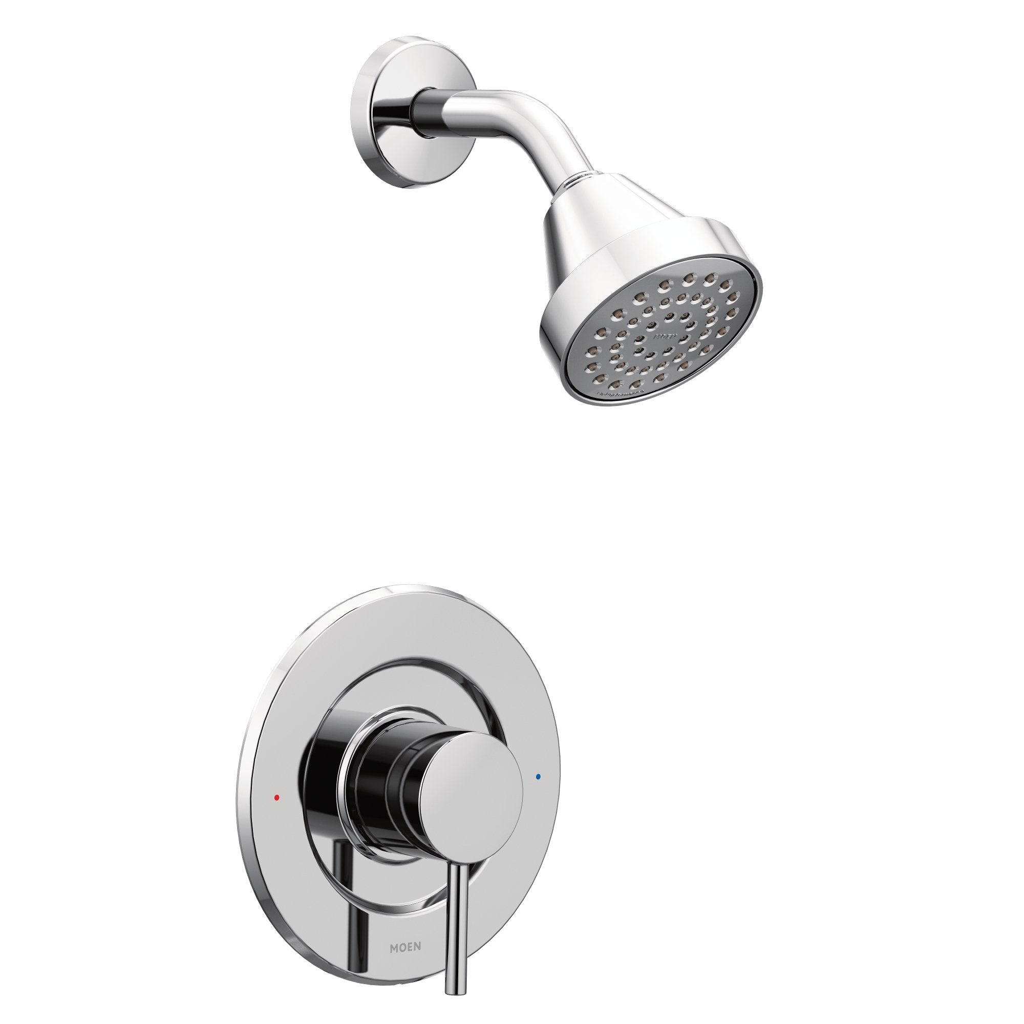 Chrome shower trim kit with round showerhead and pressure-balancing valve with circular escutcheon plate.