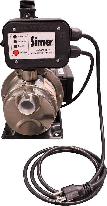 Simer stainless steel booster pump with black control panel showing power, pump, failure, and restart indicators, attached po