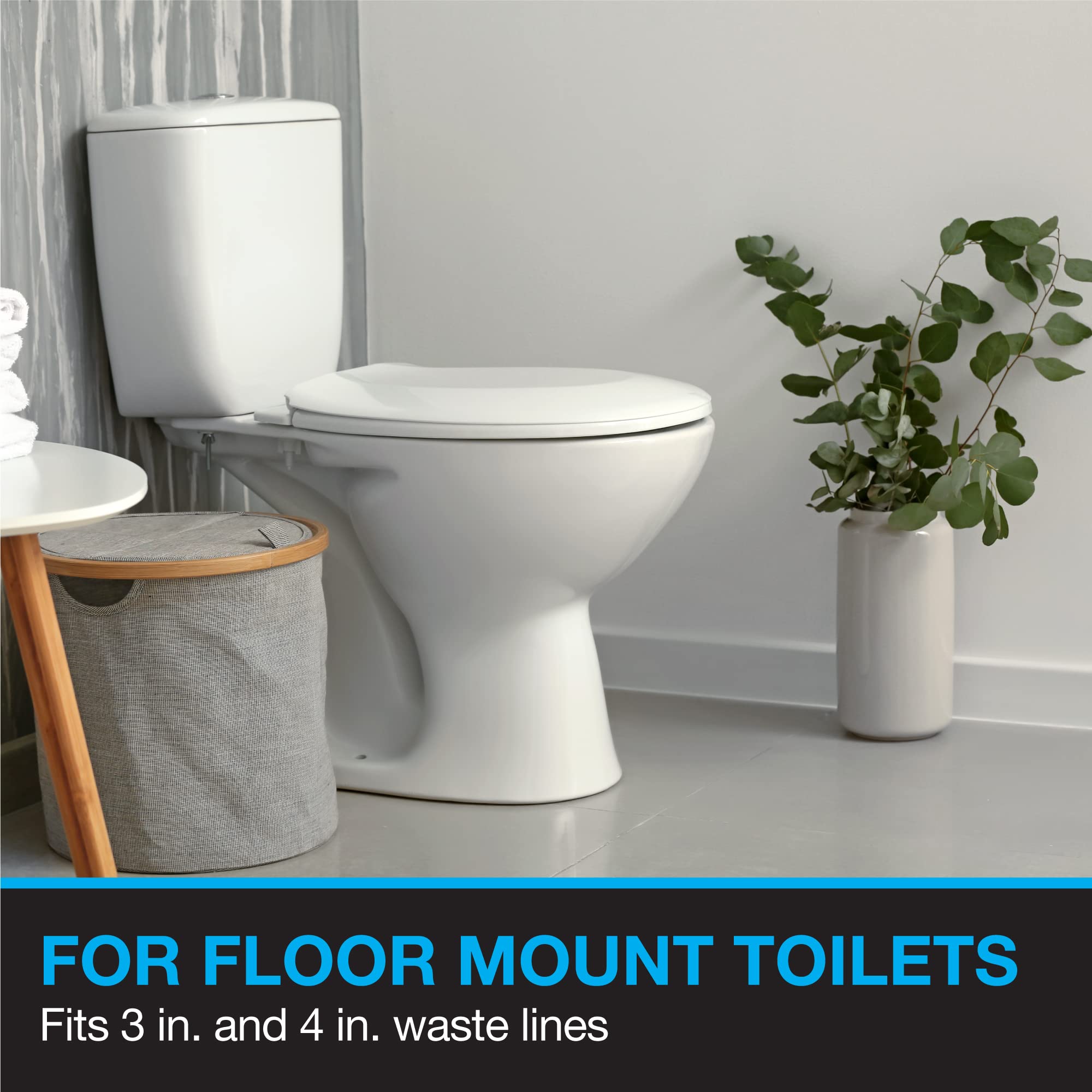 White toilet with seat in bathroom setting; product text indicates wax ring for floor mount toilets fitting 3 and 4 inch wast