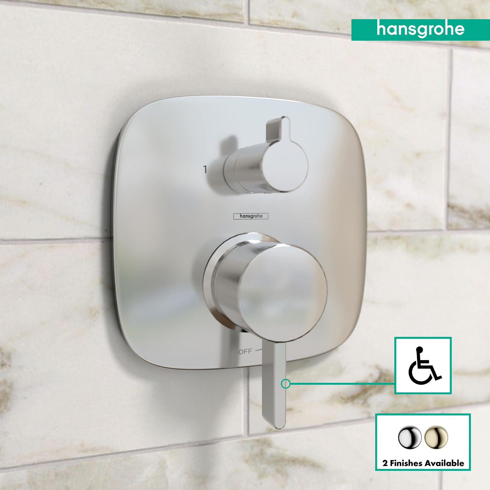 Chrome square pressure balance valve trim with single lever handle and diverter mounted on tile wall.