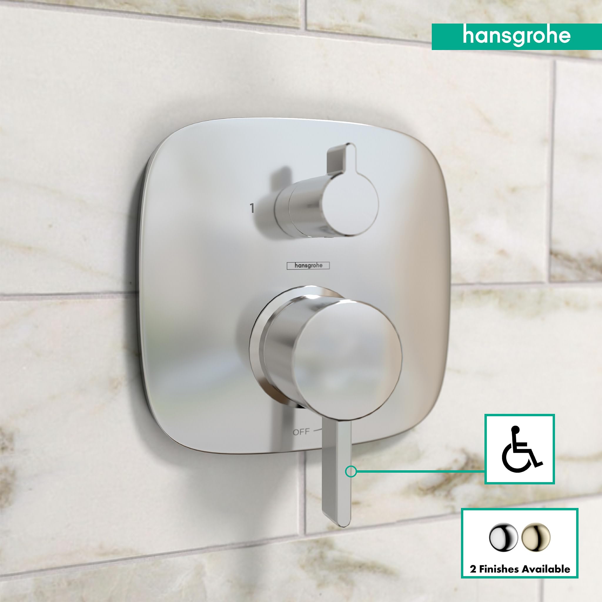 Chrome square pressure balance valve trim with single lever handle and diverter mounted on tile wall.