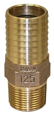 Bronze male adapter with barbed plastic connection on top and threaded iron pipe connection on bottom.