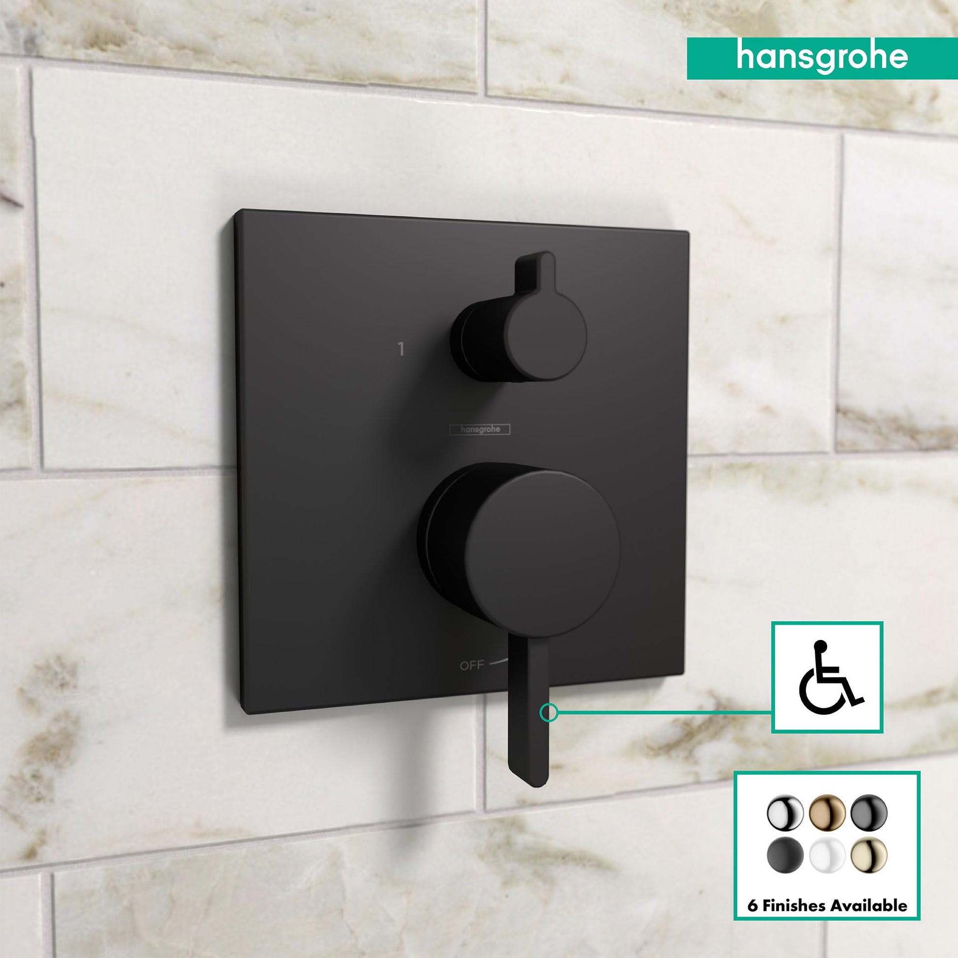 Matte black square pressure balance shower trim with round control knob and lever diverter mounted on marble tile wall.