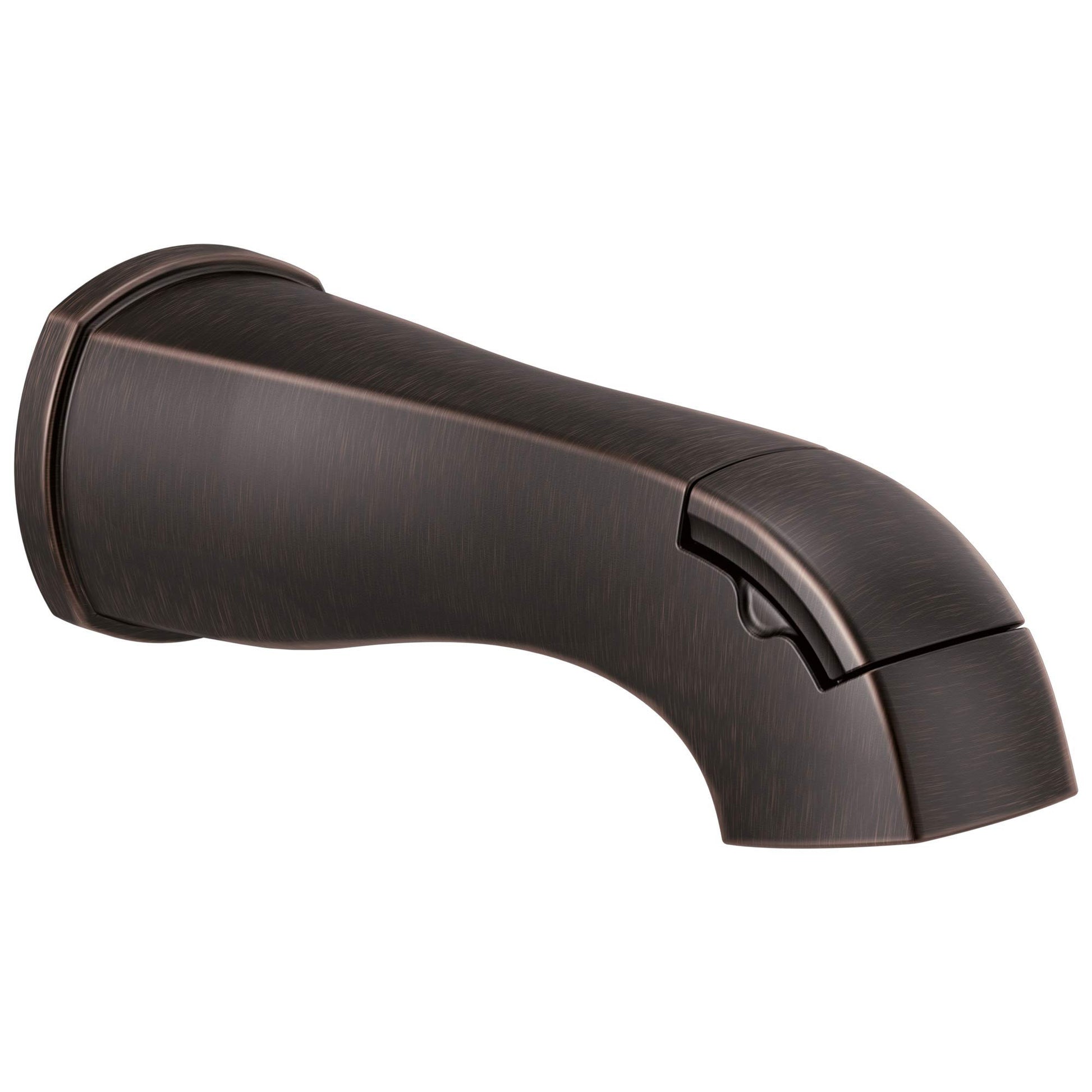 Curved tub spout in dark bronze finish with diverter lever on the side.