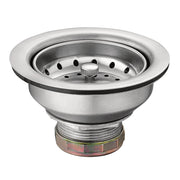 Stainless steel sink drain and strainer assembly with perforated basket and threaded connection collar.