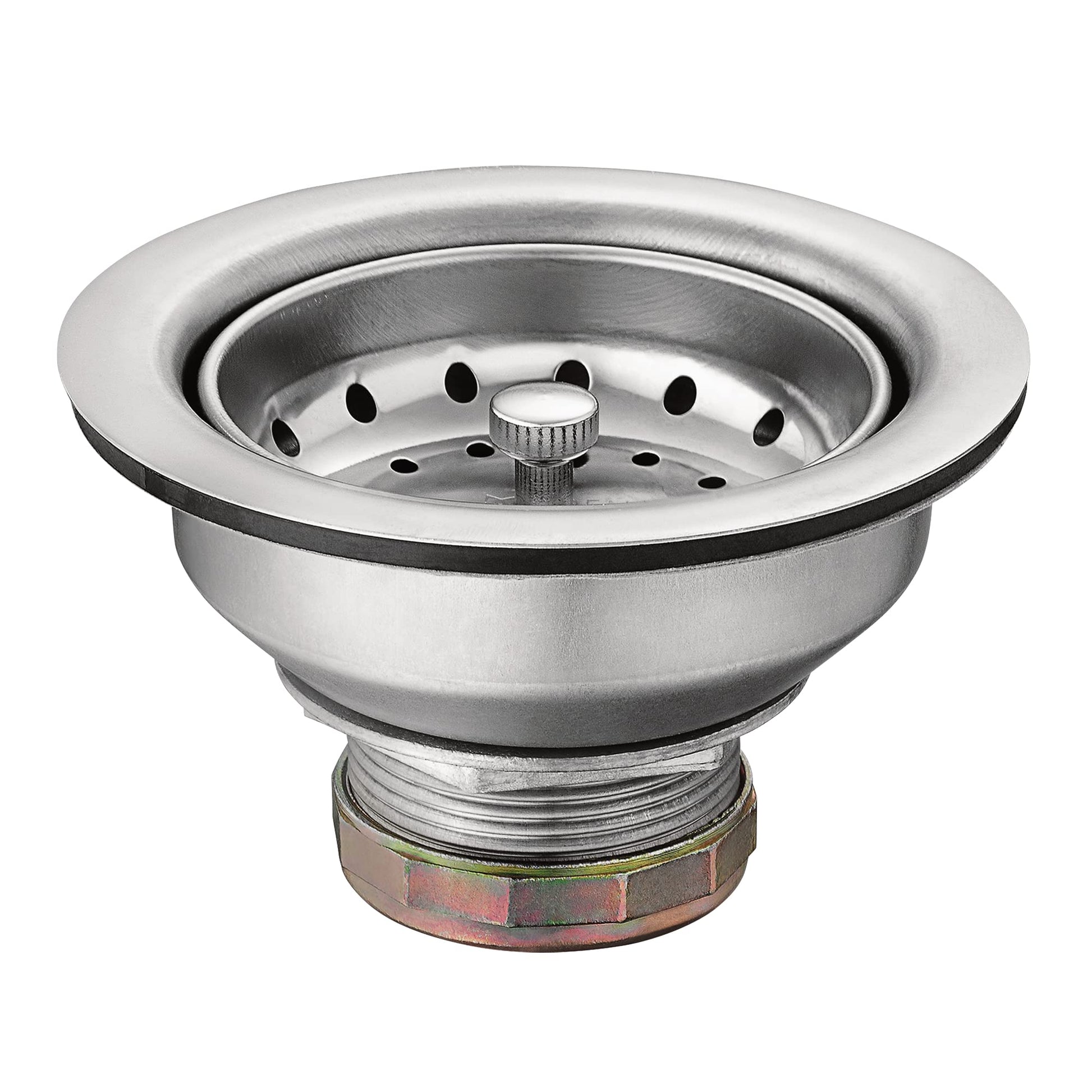 Stainless steel sink drain and strainer assembly with perforated basket and threaded connection collar.