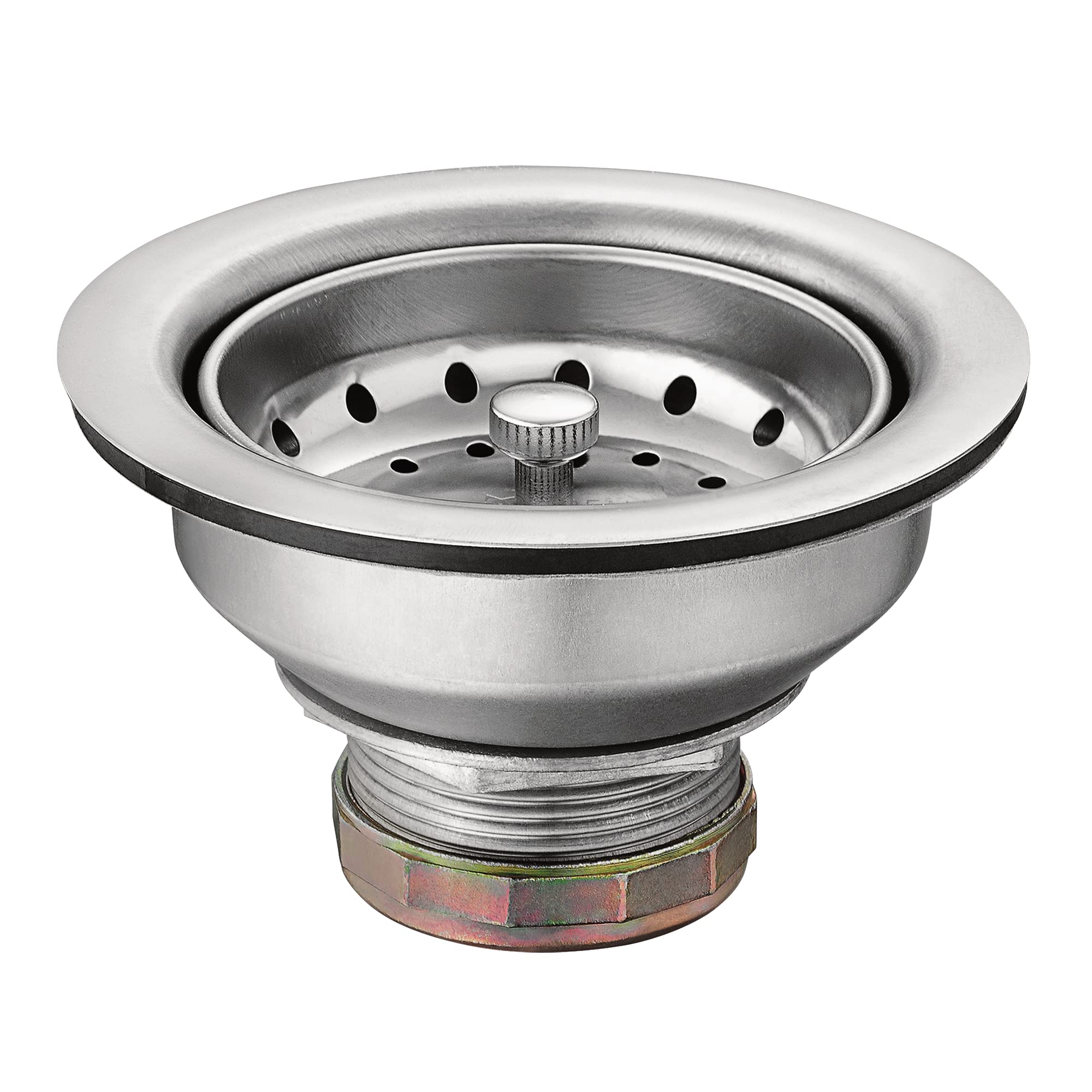 Stainless steel sink drain and strainer assembly with perforated basket and threaded connection collar.