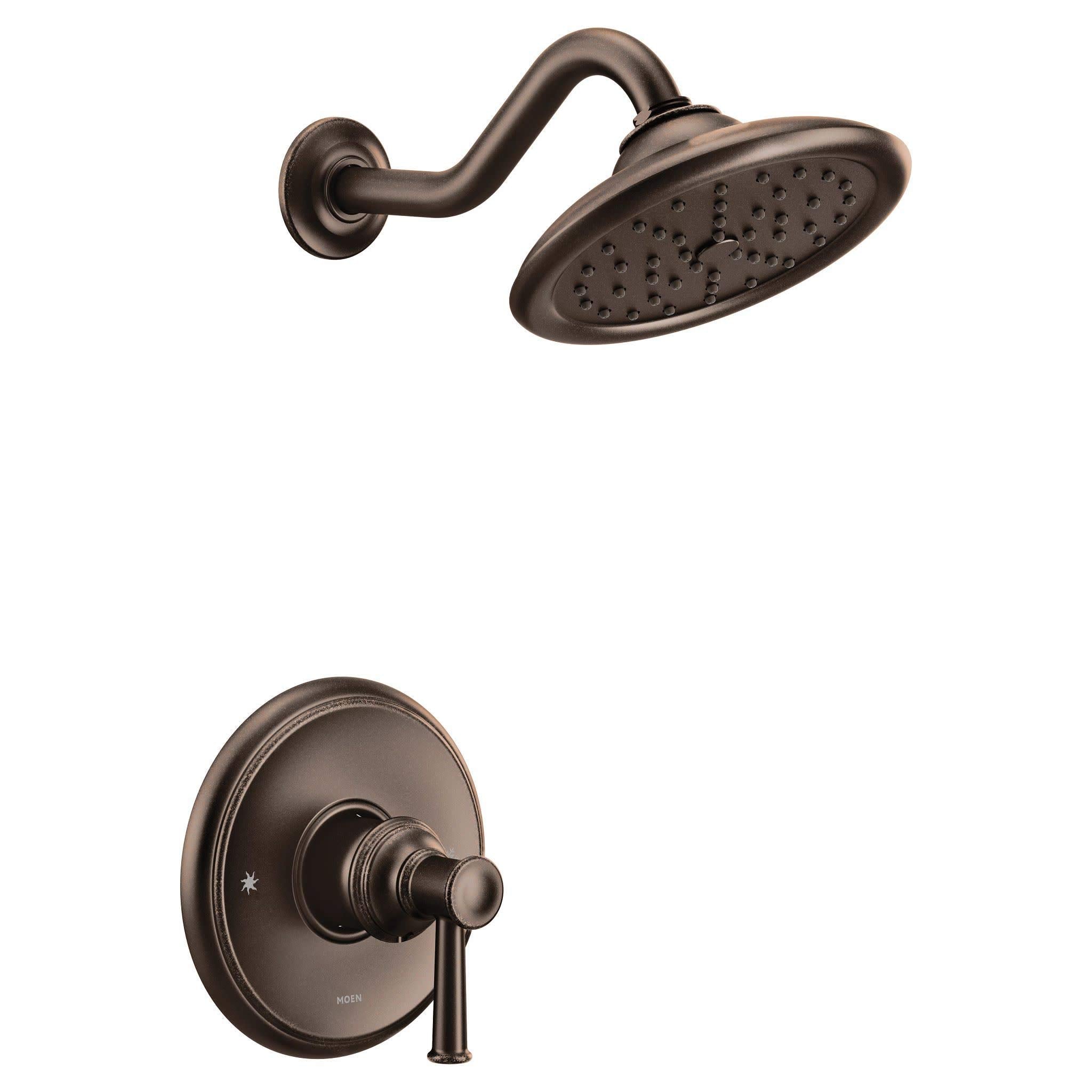 Oil-rubbed bronze shower trim kit with single-handle lever control and rainfall showerhead.