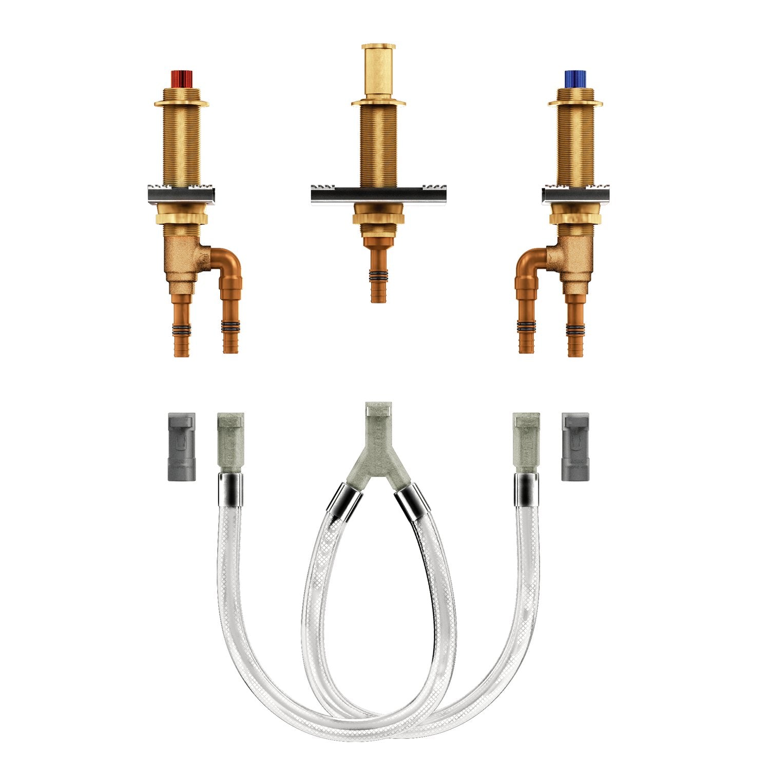 Brass valve bodies with red and blue handles, black trim rings, copper pipes, and white flexible hoses with connectors for Ro