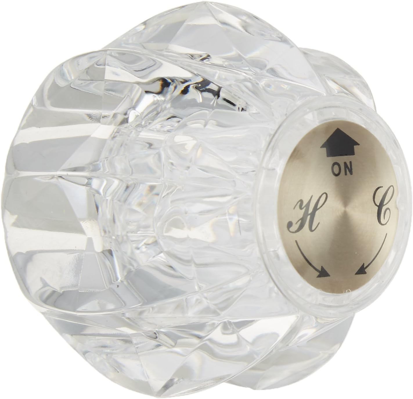 Clear acrylic knob handle with brushed nickel trim and temperature control markings.