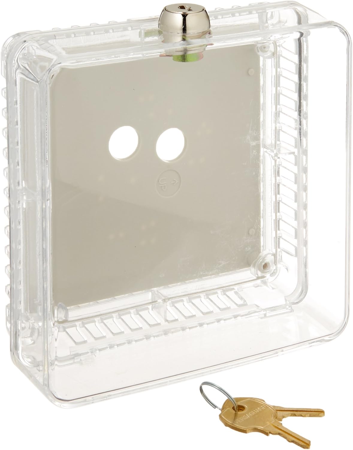 Clear plastic thermostat guard with two circular openings, metal top latch, and two brass keys.