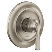 Brushed nickel shower trim kit with single lever handle and circular escutcheon plate.