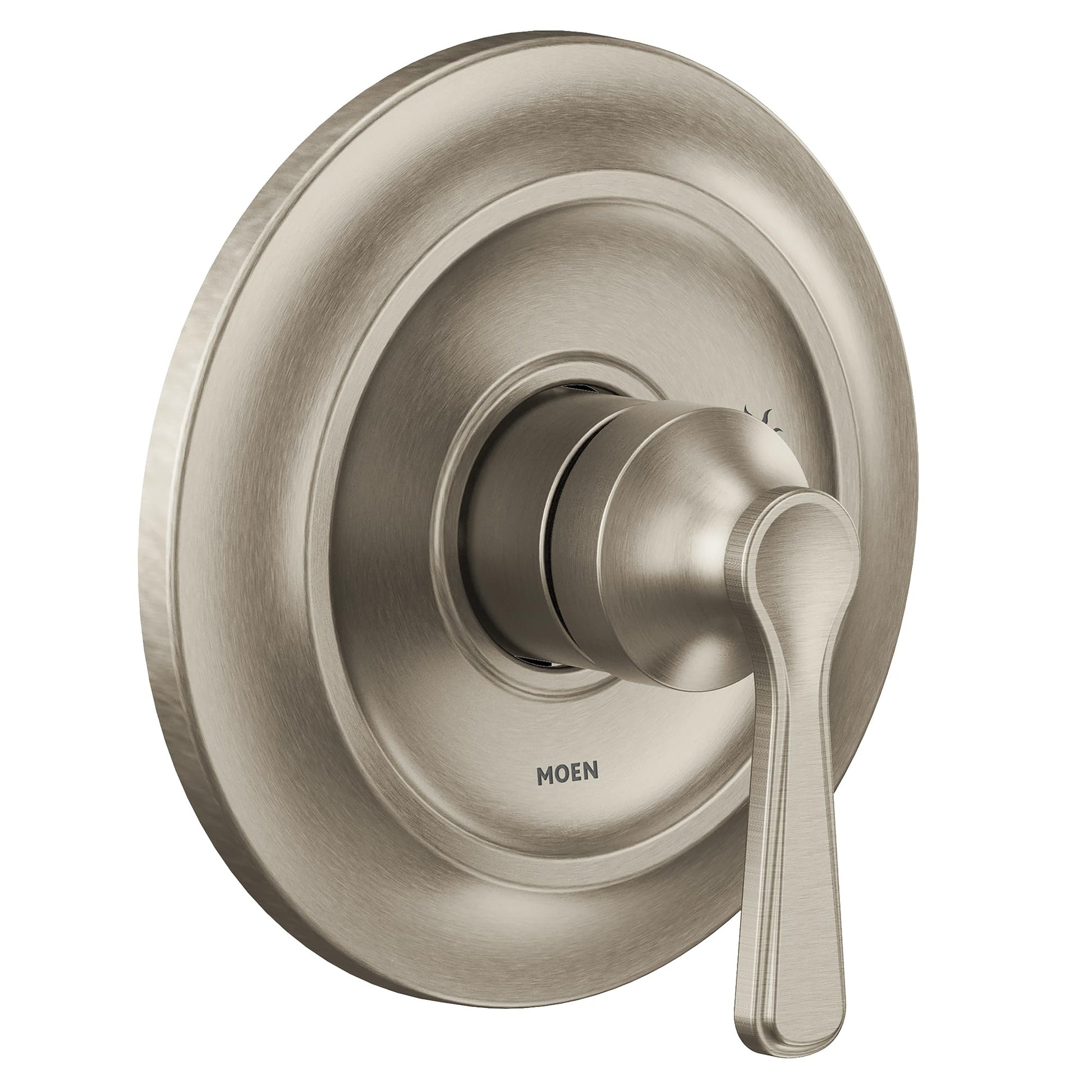 Brushed nickel shower trim kit with single lever handle and circular escutcheon plate.