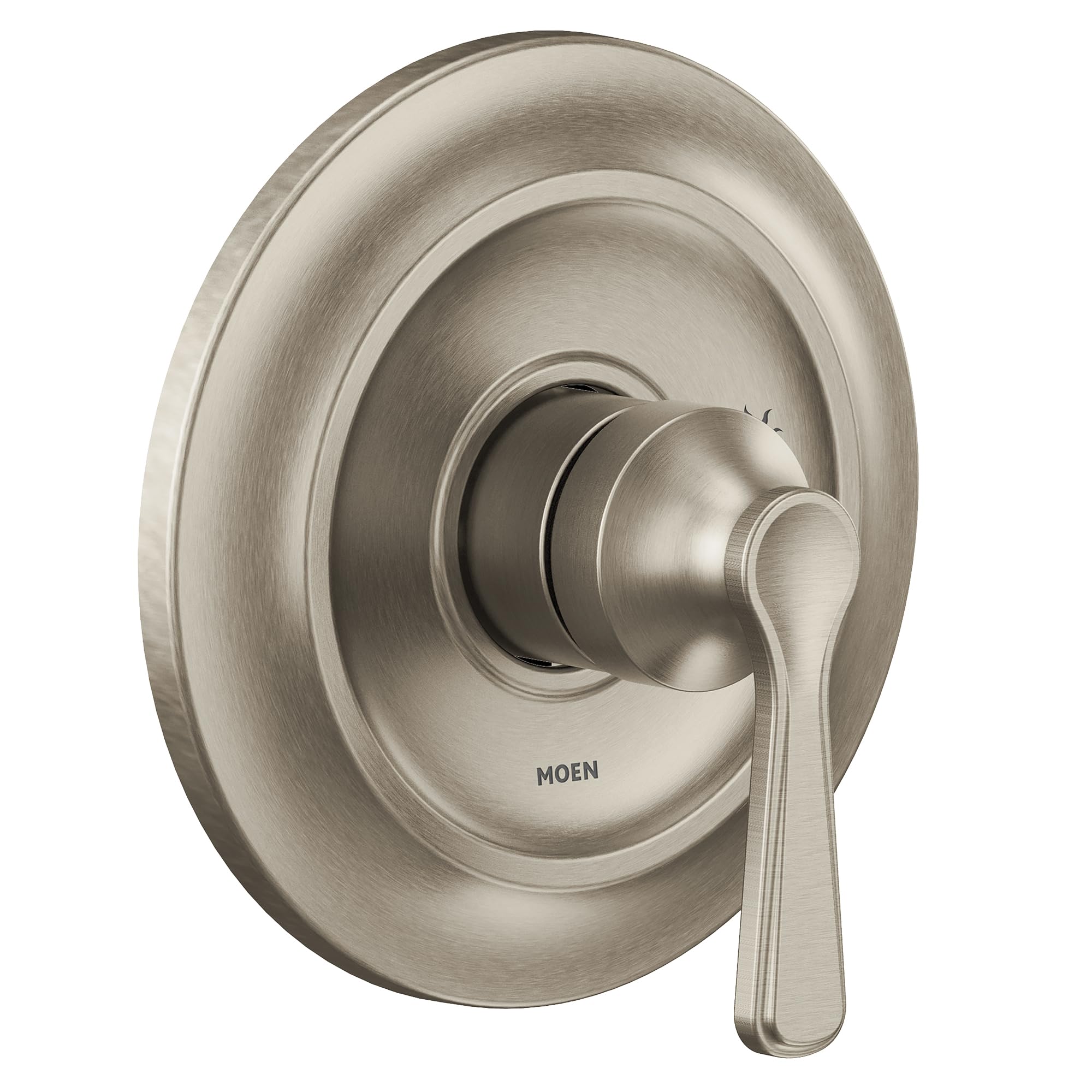 Brushed nickel shower trim kit with single lever handle and circular escutcheon plate.