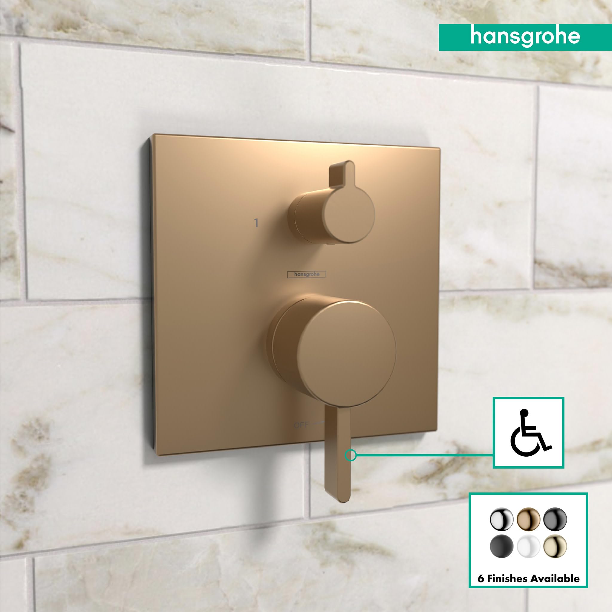 Brushed bronze square pressure balance trim with round diverter lever and control knob mounted on tile wall.