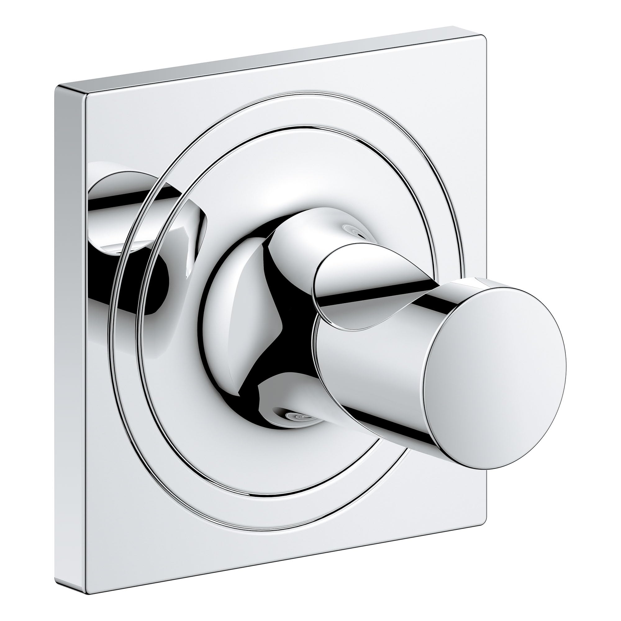 Chrome towel hook with cylindrical knob and square mounting plate, featuring concentric circular design elements.