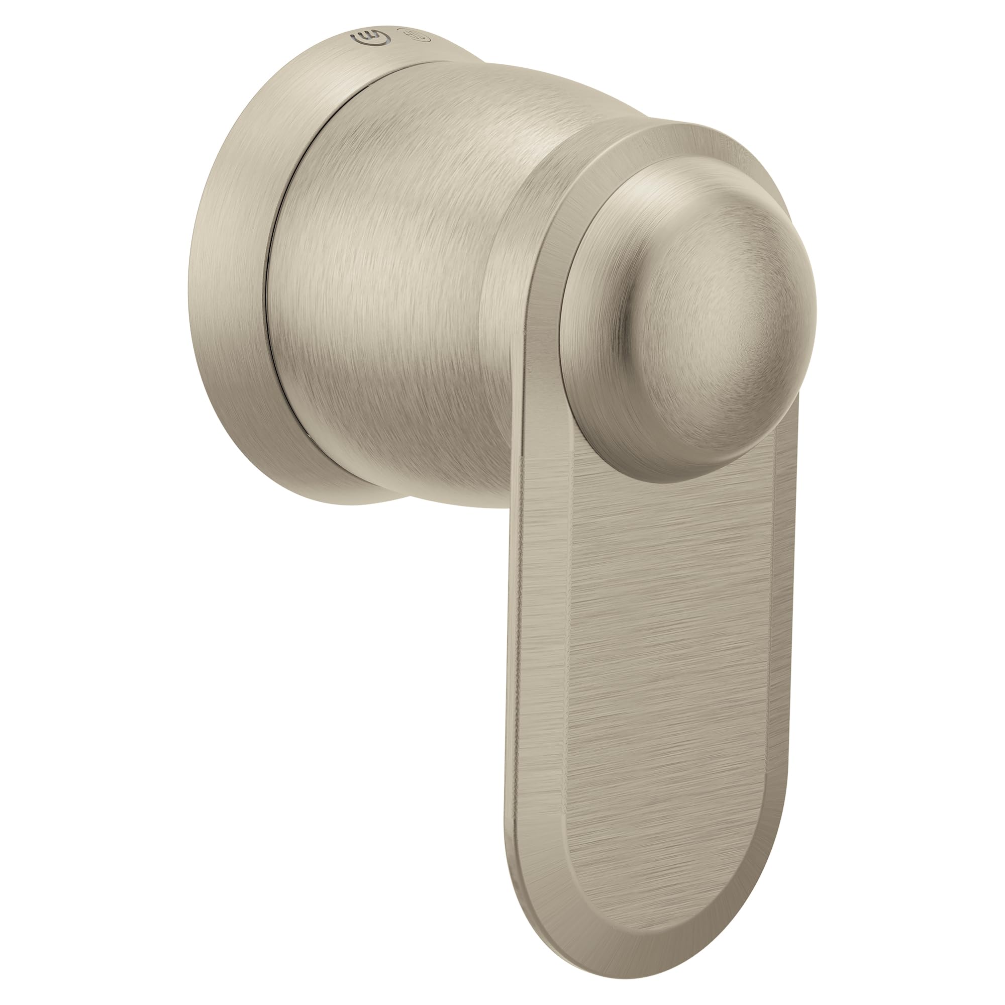 Brushed nickel volume control valve trim handle with spherical knob and rectangular escutcheon plate.