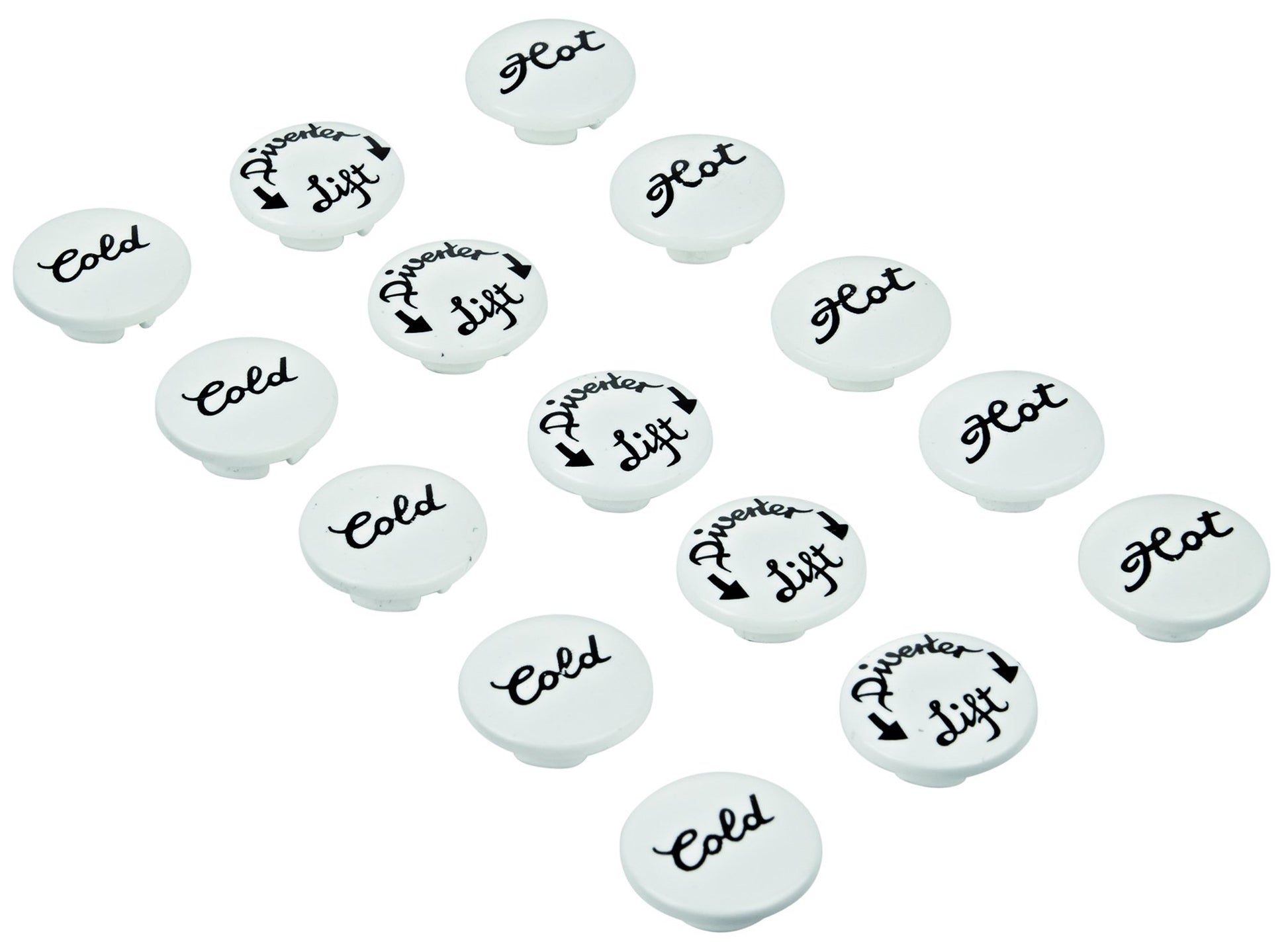 Collection of white circular marking pieces labeled "Cold," "Hot," and "Wasserwaiter" in black text.