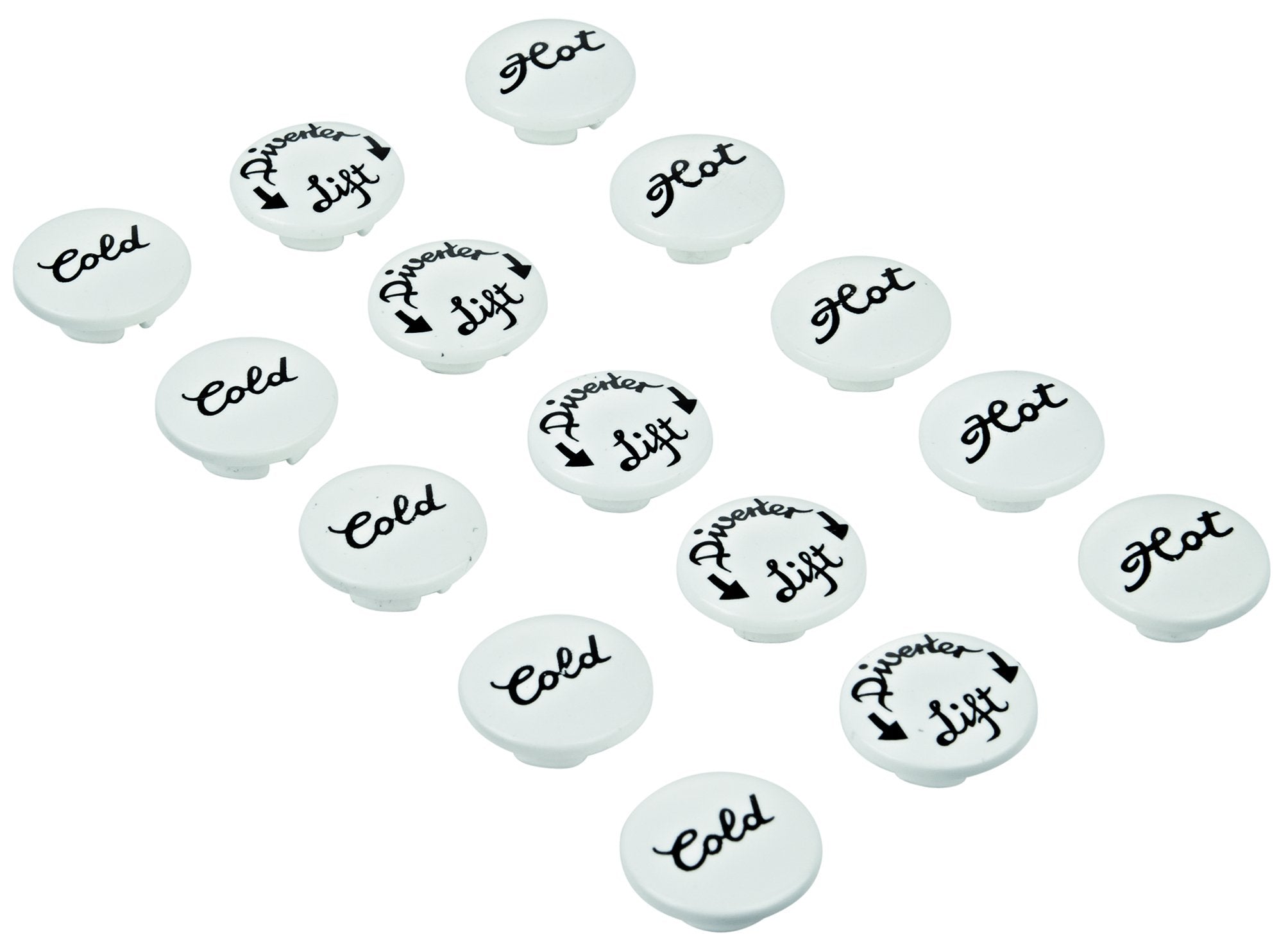 Collection of white circular marking pieces labeled "Cold," "Hot," and "Wasserwaiter" in black text.