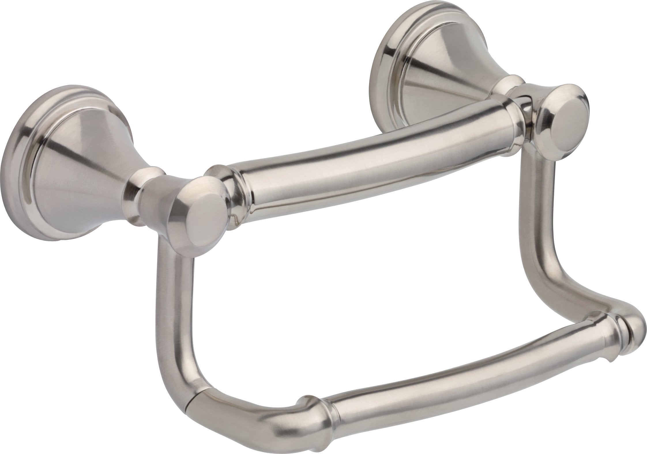Brushed nickel tissue holder with dual assist bars and circular wall mounts.