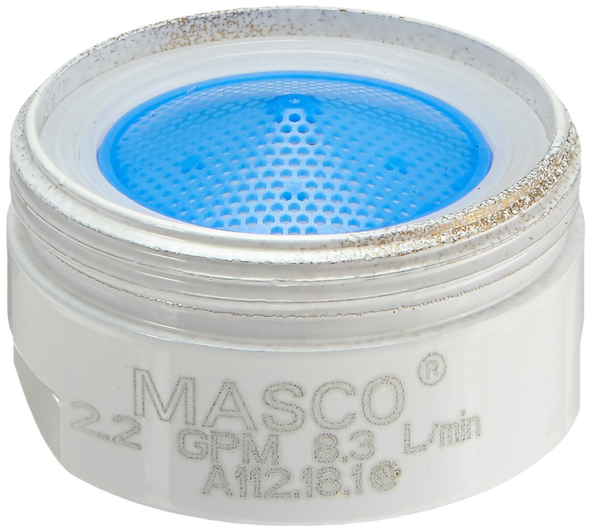 White faucet aerator with blue perforated screen insert and specification text on base.