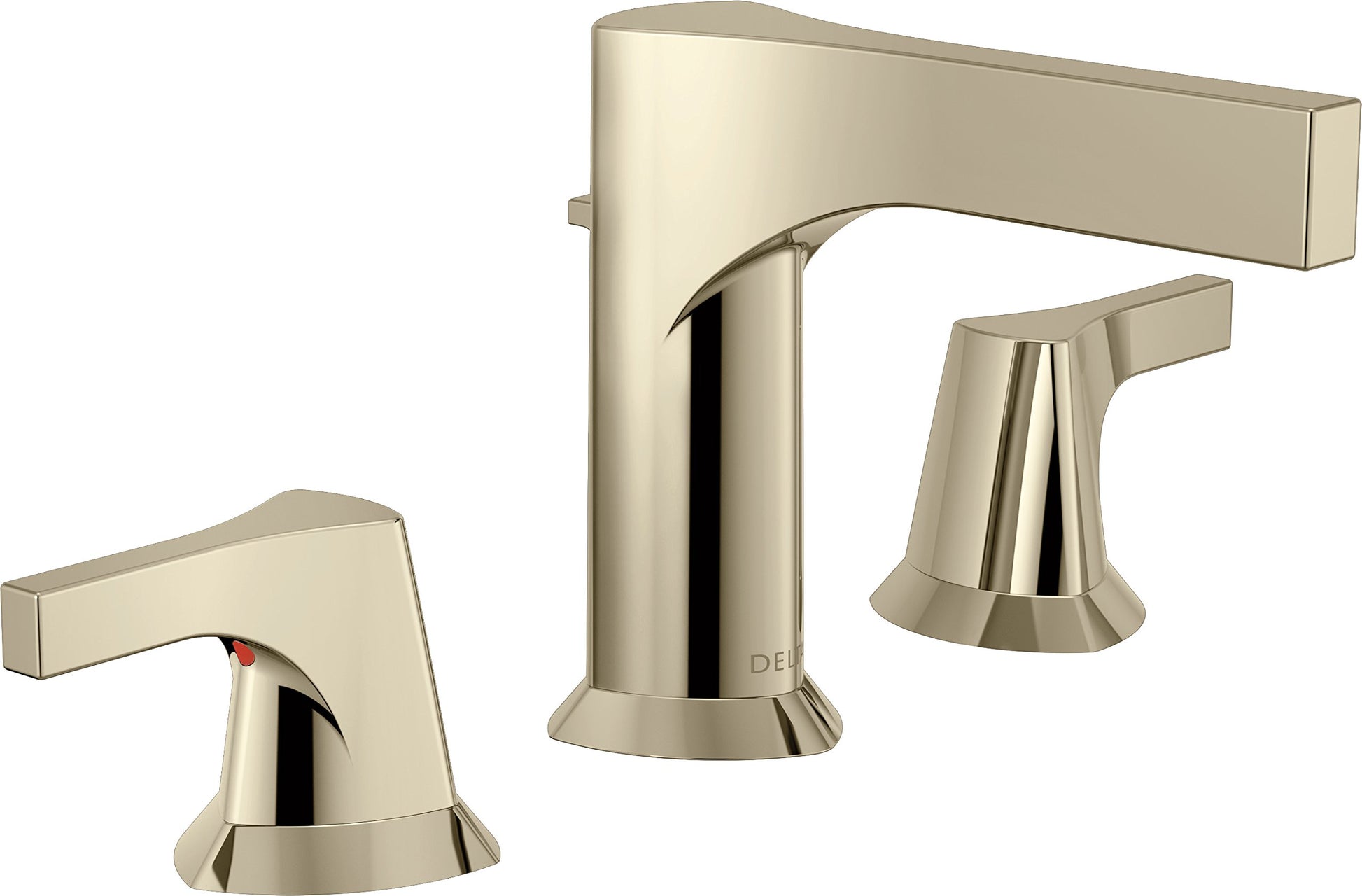 Champagne-colored two-handle widespread bathroom faucet with curved spout and tapered handles on hexagonal bases.