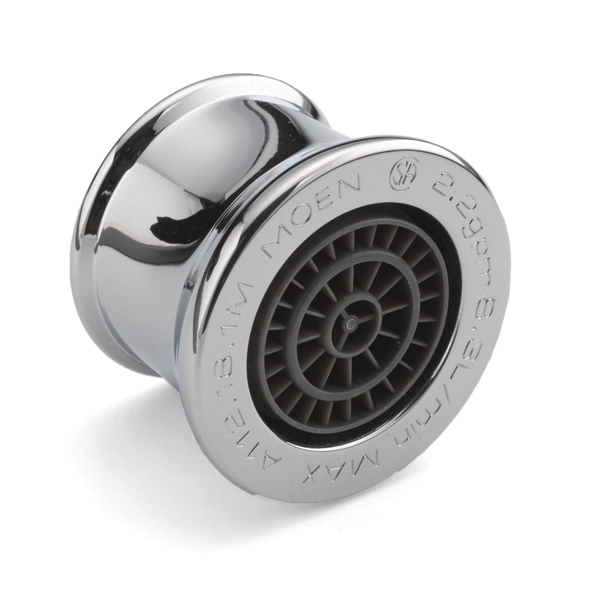 Chrome faucet aerator with female thread connection and black internal mesh screen, model number 101964.