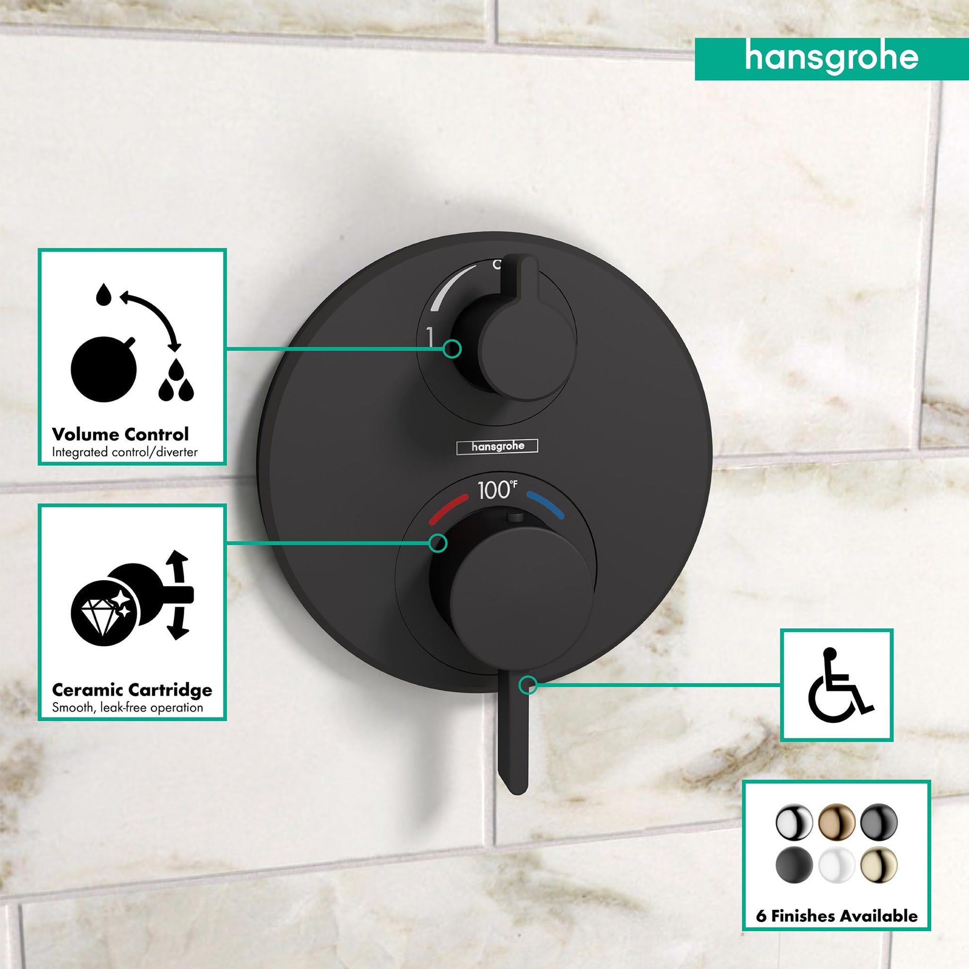Matte black round thermostatic shower trim with two control knobs, integrated volume diverter, and ceramic cartridge mounted 