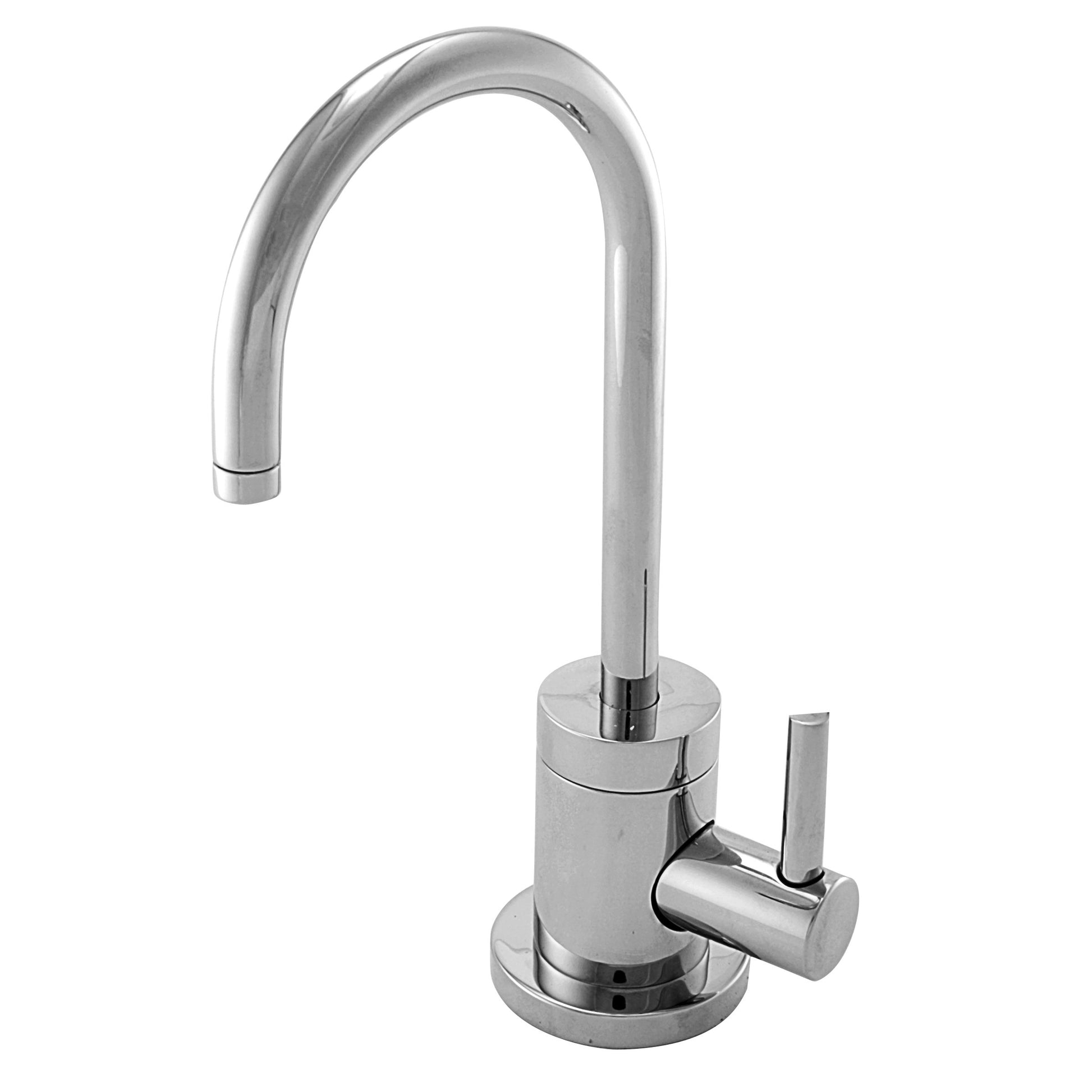 Satin nickel cold water dispenser with curved spout and single lever handle on round base.