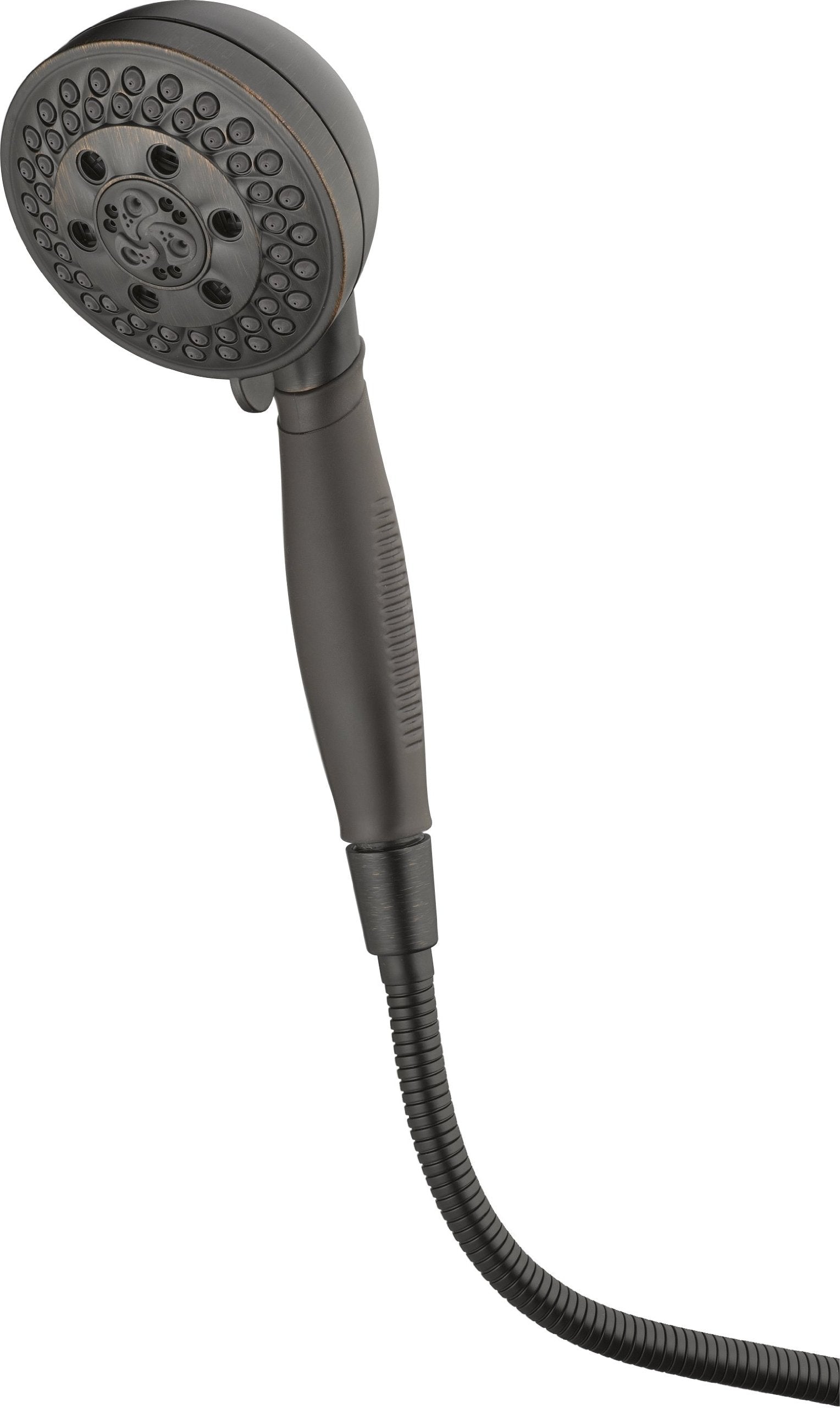 Black handheld shower head with multiple spray holes, textured grip handle, and flexible hose attachment.