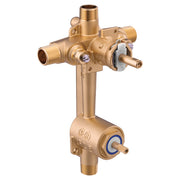 Brass pressure balancing valve assembly with multiple threaded ports, control lever, and integral stops for shower/tub instal