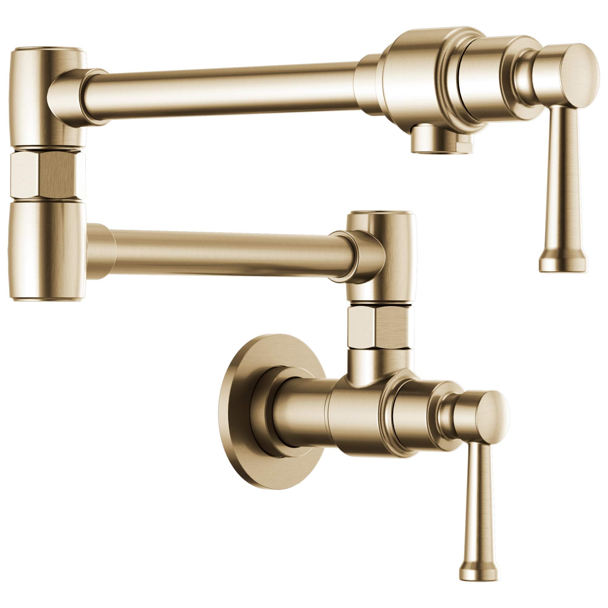 Champagne bronze wall-mounted pot filler faucet with articulating arm and lever handles.