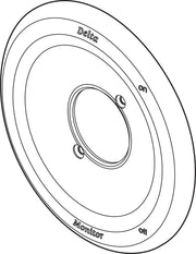 Round stainless steel escutcheon with concentric rings and central opening, labeled "Delta," "Monitor," "on," and "off."