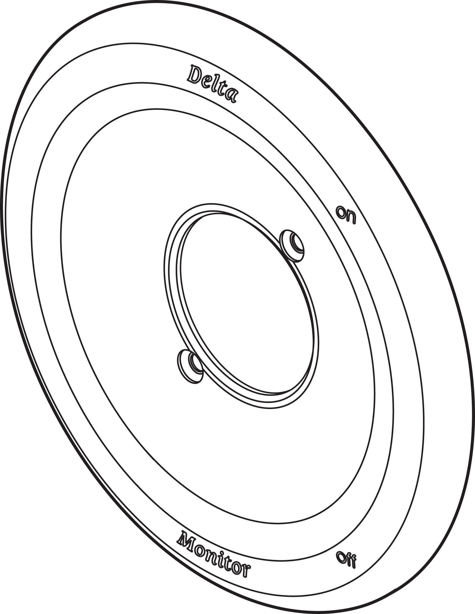 Round stainless steel escutcheon with concentric rings and central opening, labeled "Delta," "Monitor," "on," and "off."