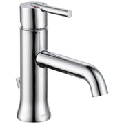 Chrome single-handle bathroom faucet with cylindrical body, curved spout, and lever handle.