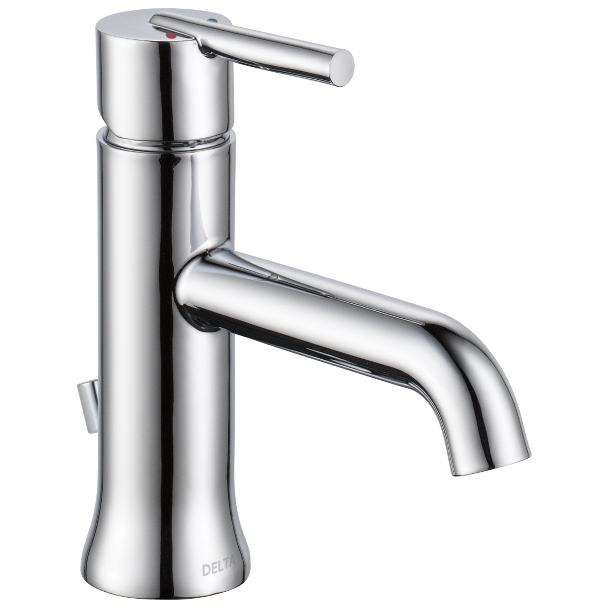 Chrome single-handle bathroom faucet with cylindrical body, curved spout, and lever handle.