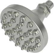 Satin nickel shower head with multiple hexagonal spray nozzles and threaded connector arm.