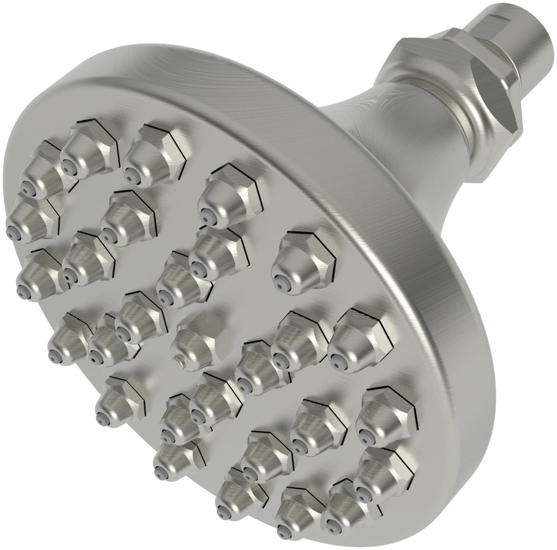 Satin nickel shower head with multiple hexagonal spray nozzles and threaded connector arm.
