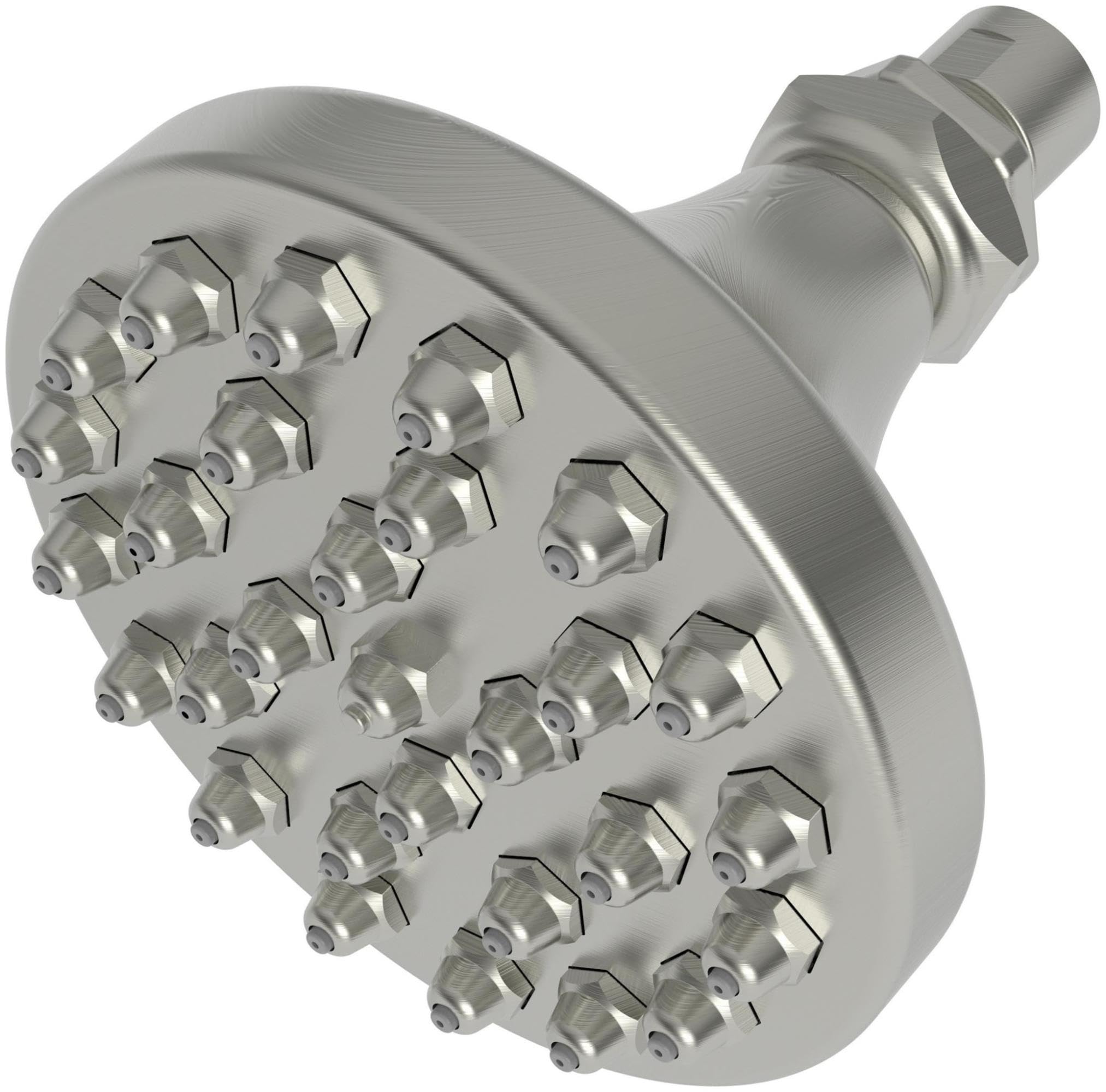 Satin nickel shower head with multiple hexagonal spray nozzles and threaded connector arm.