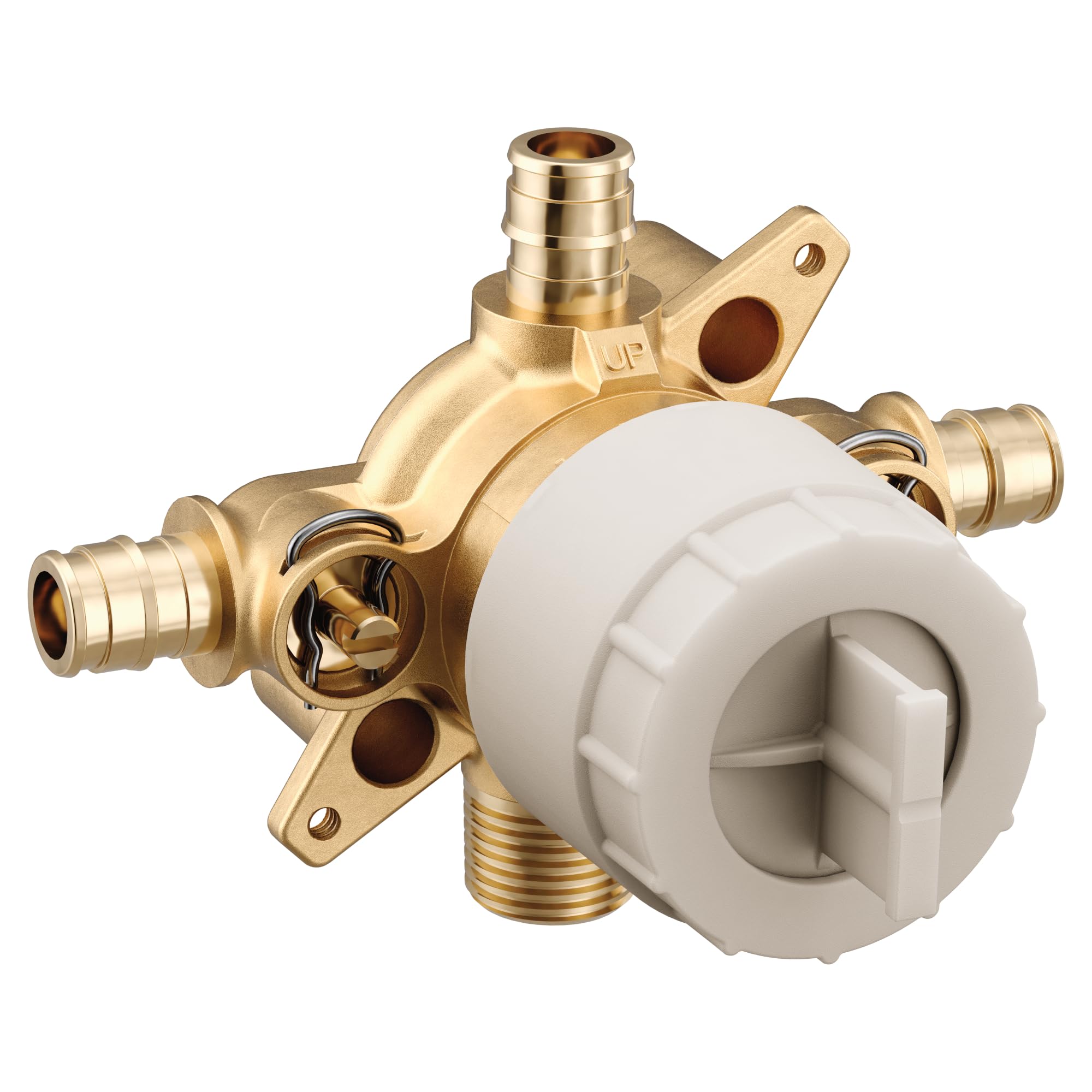 Brass mixing valve with white cartridge, four PEX expansion connections, and integrated stops for tub and shower plumbing.