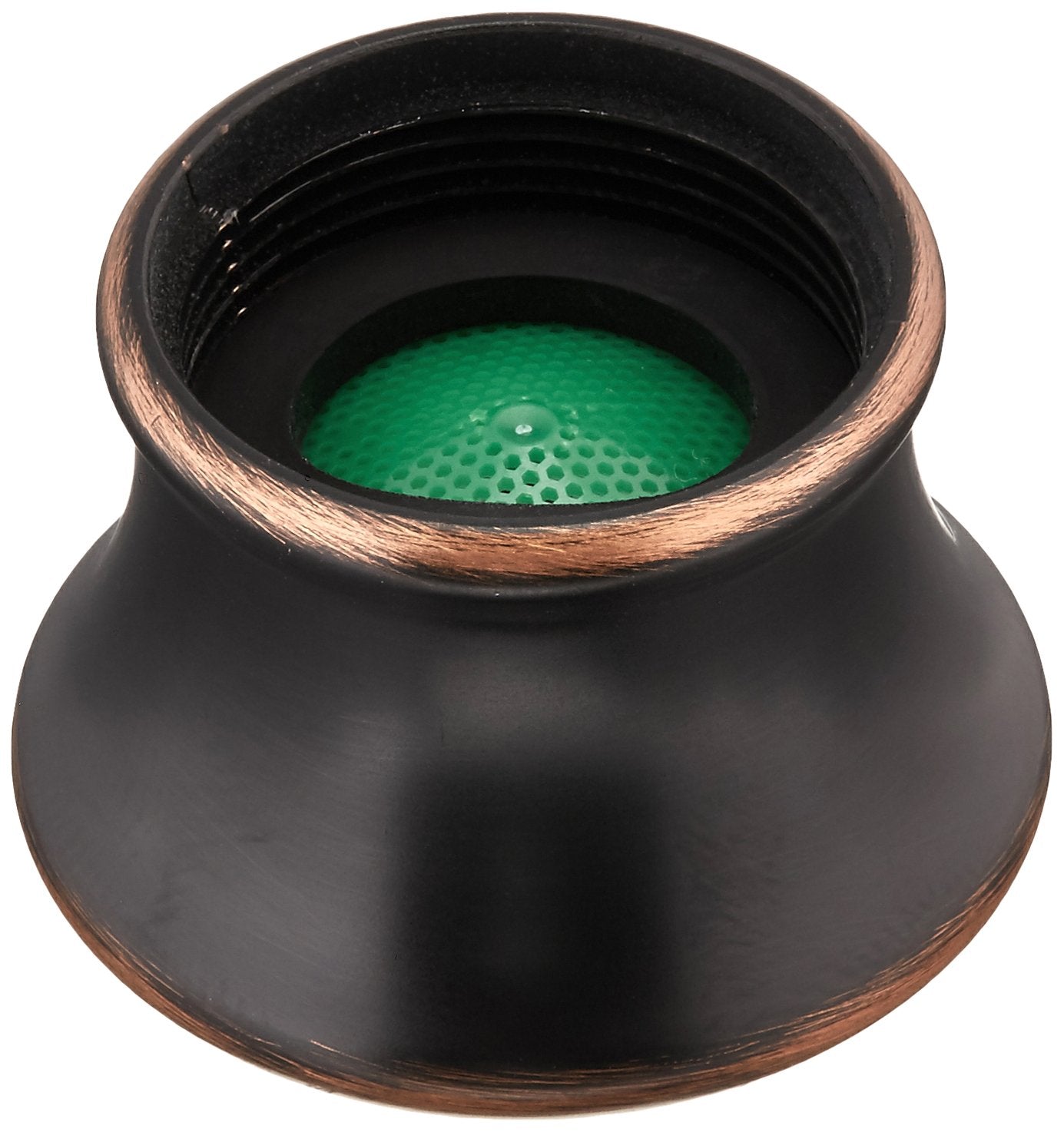 Oil rubbed bronze faucet aerator with green perforated screen insert visible from above.