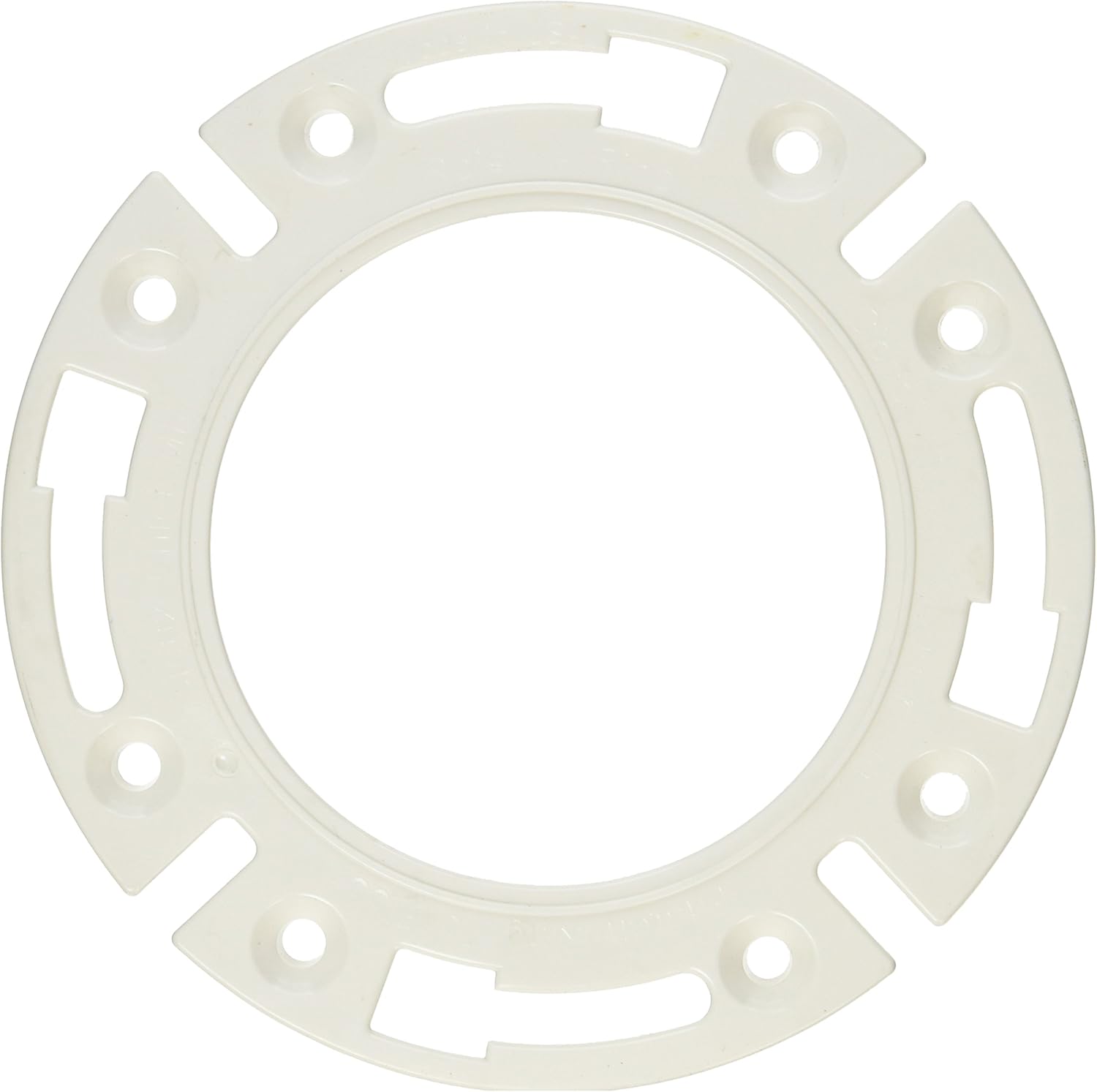Cream-colored plastic closet flange extension ring with central opening and mounting holes around perimeter.